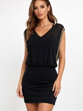 Windsor Black Beaded Sleeveless Mini Dress Sheer Blouson Top, Fitted Skirt NEW